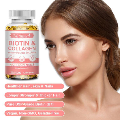Biotin with Collagen Capsules – Support Strong Nails, Shiny Hair & Glowing Skin – Vegan Anti-Aging Formula