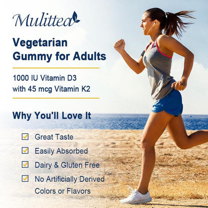 Mulittea Vitamin D3 + K2 Gummies – 1000 IU D3 & 45 mcg K2 – Bone & Muscle Support, Non-GMO, Gelatin-Free