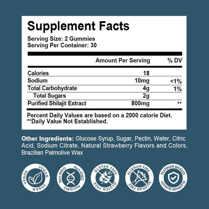 Mulittea Shilajit Gummies 800mg – 60 Strawberry Flavor Gummies (2 Pack) for Energy & Immune Support