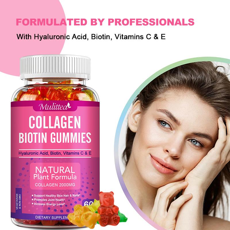 Mulittea Collagen Gummies with Biotin for Hair Growth, Skin Care, Health Nails &anti Aging Vitaminsc&e Dietary Supplement