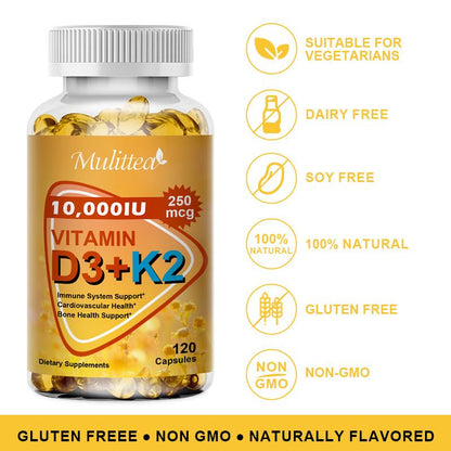 Vitamin D3 + K2 MK-7 Softgels – High Potency 10000 IU | Supports Calcium Absorption, Bone Strength, Joint Flexibility & Immune Health