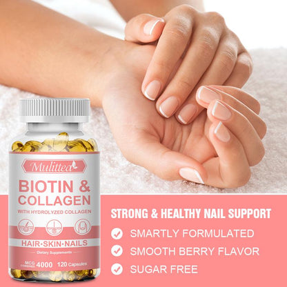 Biotin with Collagen Capsules – Support Strong Nails, Shiny Hair & Glowing Skin – Vegan Anti-Aging Formula