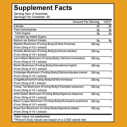 Mulittea Mushroom Gummies | 10 Mushroom Complex | 2500mg per Serving | Organic Extracts for Energy, Focus & Immune Support