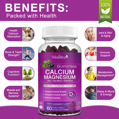 Mulittea Calcium Magnesium Zinc Gummies with Magnesium Glycinate 200mg, Potassium & D3 – Bone, Muscle & Sleep Support for Kids & Adults – Elderberry Flavor