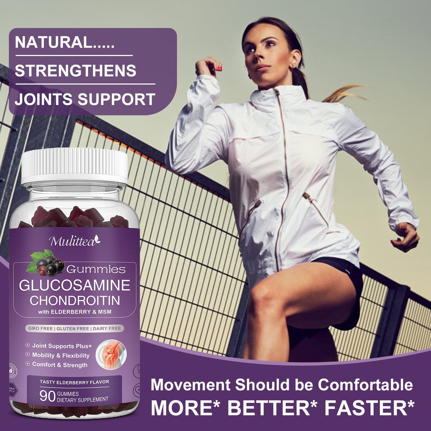 Glucosamine Chondroitin Gummies - Extra Strength Joint Support Supplement with MSM & Elderberry for Natural Joint, Antioxidant Immune Support for Adults, Men & Women-90 Gummies