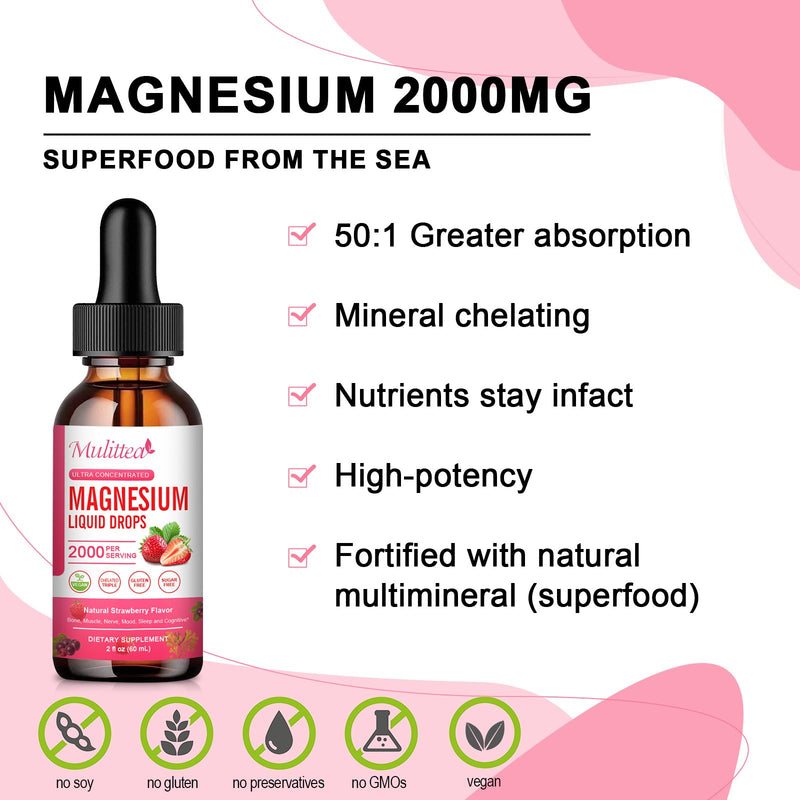 2 Packs Mulittea Magnesium Liquid Drops Gluten Free Dietary Supplement Natural Strawberry Flavor