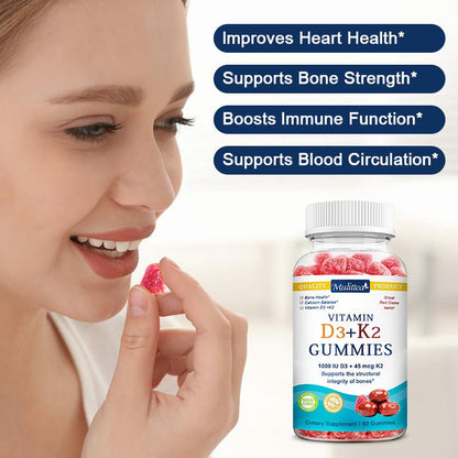 Mulittea Vitamin D3 + K2 Gummies – 1000 IU D3 & 45 mcg K2 – Bone & Muscle Support, Non-GMO, Gelatin-Free