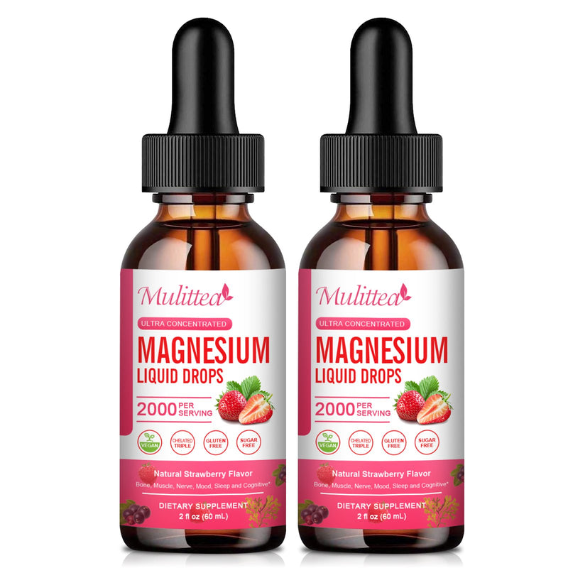 2 Packs Mulittea Magnesium Liquid Drops Gluten Free Dietary Supplement Natural Strawberry Flavor