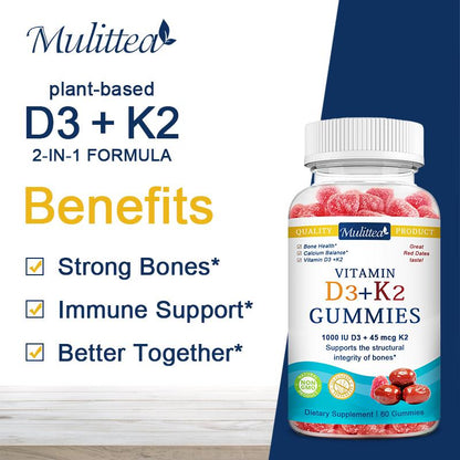 Mulittea Vitamin D3 + K2 Gummies – 1000 IU D3 & 45 mcg K2 – Bone & Muscle Support, Non-GMO, Gelatin-Free