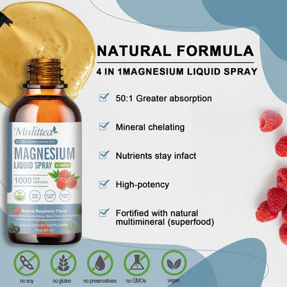 Mulittea Magnesium Glycinate Liquid Spray – Advanced Magnesium Complex with Citrate, Oxide, Malate, L-Theanine, D3K2 & B6 – Sugar-Free Raspberry Flavor, 30-Day Supply