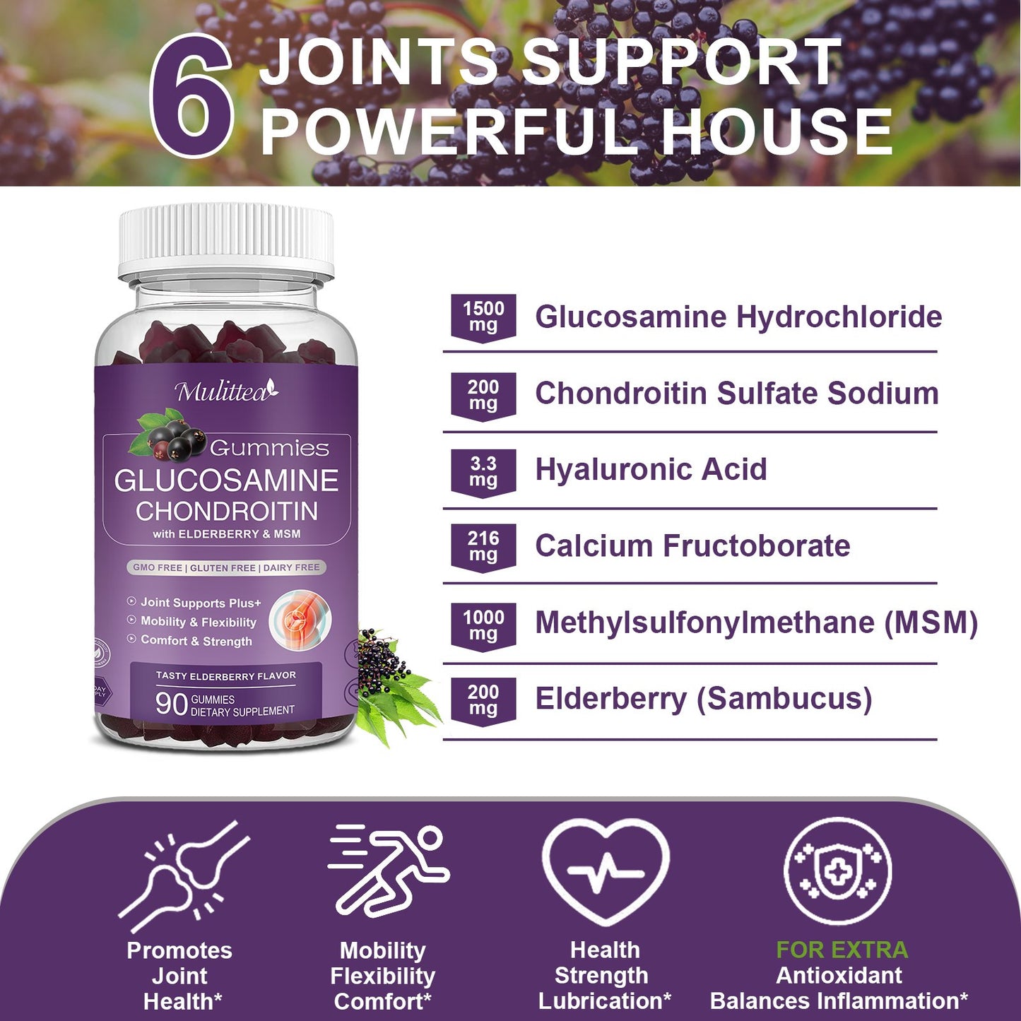 Glucosamine Chondroitin Gummies - Extra Strength Joint Support Supplement with MSM & Elderberry for Natural Joint, Antioxidant Immune Support for Adults, Men & Women-90 Gummies