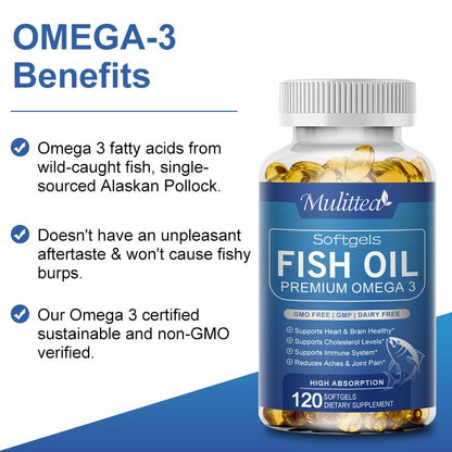 Mulittea Fish Oil 3600 mg Softgels – High Potency Omega-3 with EPA & DHA for Brain, Heart, Joint & Skin Support – Burpless, Pure Sea-Harvested – 120 Capsules
