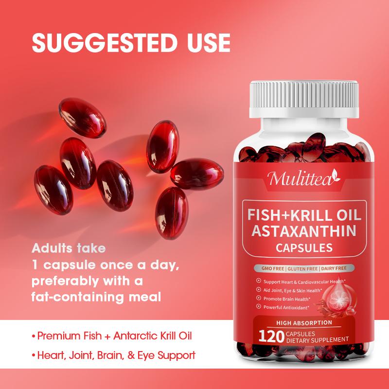 Mulittea Fish Oil+ Krill Oil EPA & DHA Astaxanthin For Joint,Skin,Brain & Eye Health