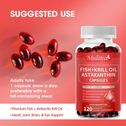 Mulittea Fish Oil + Krill Oil with EPA, DHA & Astaxanthin Supports Joint, Skin, Brain & Eye Health