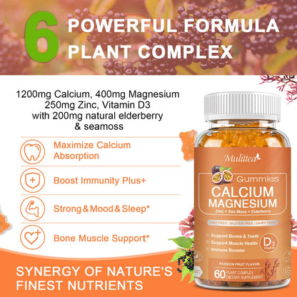 1200mg Calcium Gummies with D3, K2 & Zinc – Plant-Based Calcium Magnesium Complex with Glycinate, Potassium & Vitamin C – Bone & Immune Support – Sugar-Free Passion Fruit Flavor