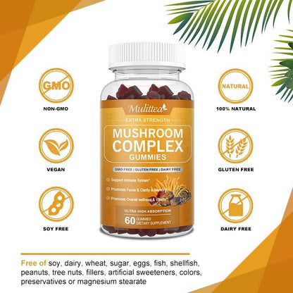 Mulittea Mushroom Gummies | 10 Mushroom Complex | 2500mg per Serving | Organic Extracts for Energy, Focus & Immune Support