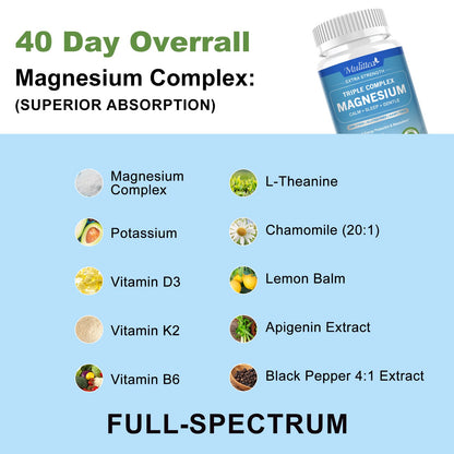 2000mg Triple Magnesium Complex - With Magnesium Glycinate, Malate, & Citrate for Muscles, Nerves, & Energy | High Absorption | Vegan, Non-GMO | 60 Capsules