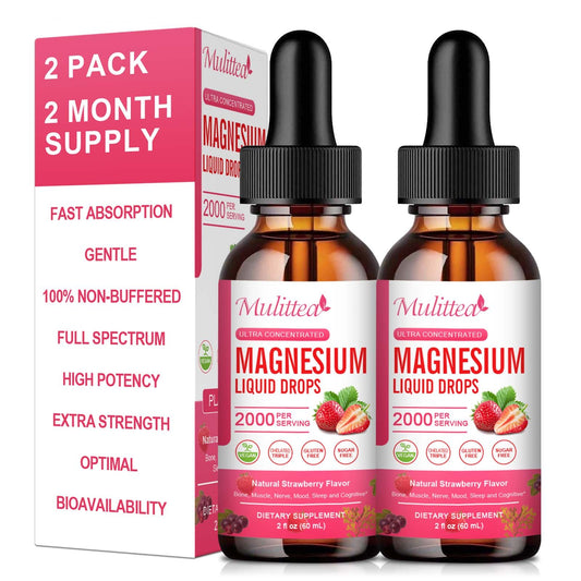 2 Packs Mulittea Magnesium Liquid Drops Gluten Free Dietary Supplement Natural Strawberry Flavor