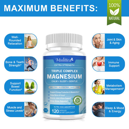 2000mg Triple Magnesium Complex - With Magnesium Glycinate, Malate, & Citrate for Muscles, Nerves, & Energy | High Absorption | Vegan, Non-GMO | 60 Capsules