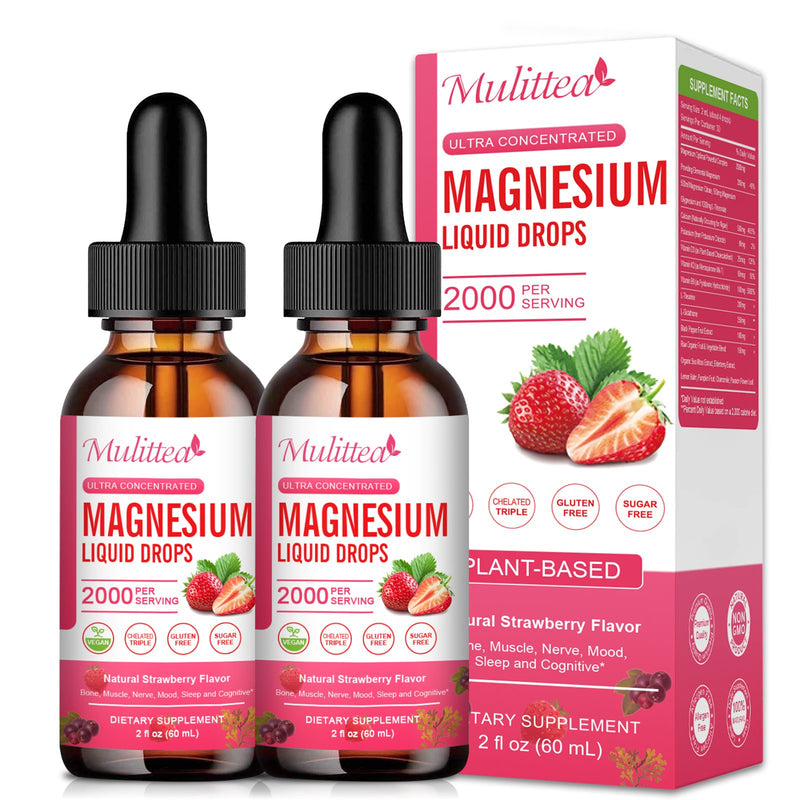 2 Packs Mulittea Magnesium Liquid Drops Gluten Free Dietary Supplement Natural Strawberry Flavor