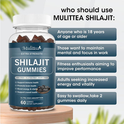 Mulittea Shilajit Gummies 800mg – 60 Strawberry Flavor Gummies (2 Pack) for Energy & Immune Support
