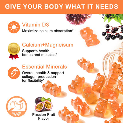 1200mg Calcium Gummies with D3, K2 & Zinc – Plant-Based Calcium Magnesium Complex with Glycinate, Potassium & Vitamin C – Bone & Immune Support – Sugar-Free Passion Fruit Flavor
