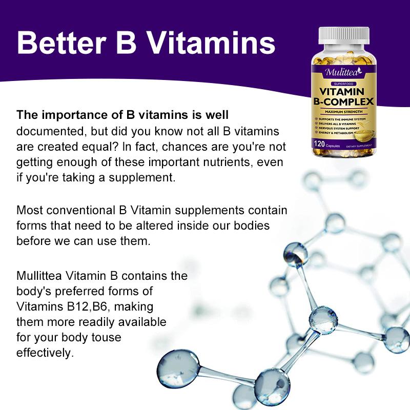 Vitamin B Complex Capsule (B12, B1, B2, B3, B5, B6, B7, B9, Folic Acid & Biotin) ,Reduce Stress & Supports Better Moods ,Assists Nervous System Health & Energy