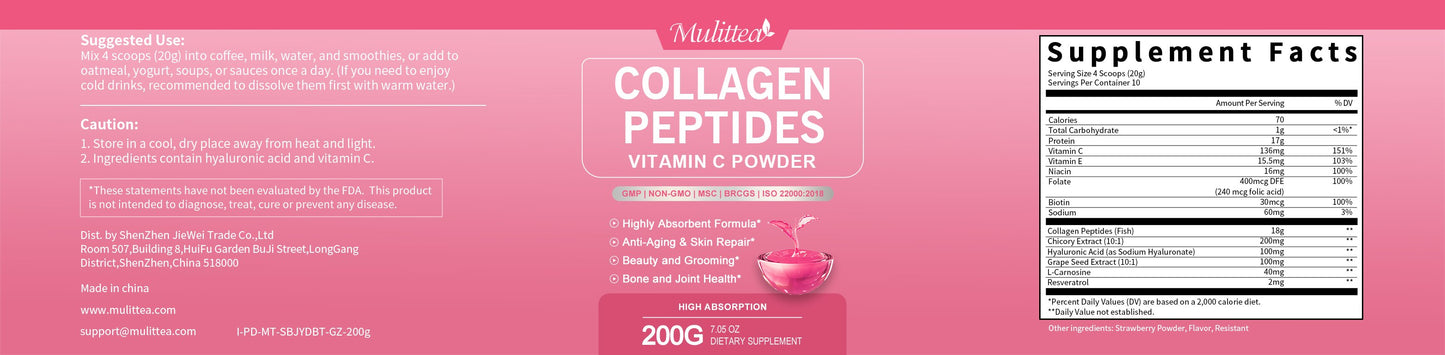 Mulittea Collagen Peptides Vitamin C Powder Dietary Supplement