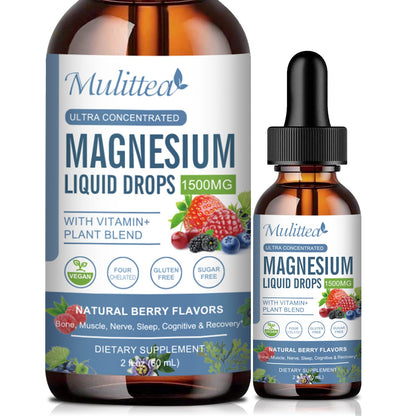 Liquid Magnesium Glycinate Drops 1500 mg – High‑Absorption Magnesium Complex w/ D3, B6, K2, L‑theanine – Berry Flavor, Sugar‑Free, Gentle on Stomach (Kids & Adults)