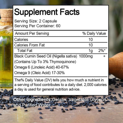 Mulittea Black Seed Oil 1000mg – Cold-Pressed Black Cumin (Nigella Sativa) Capsules – 3% Thymoquinone – Omega 3 6 9 – 120 Softgels