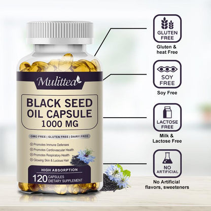 Mulittea Black Seed Oil 1000mg – Cold-Pressed Black Cumin (Nigella Sativa) Capsules – 3% Thymoquinone – Omega 3 6 9 – 120 Softgels