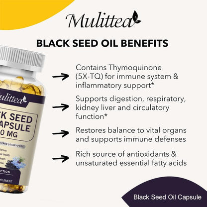 Mulittea Black Seed Oil 1000mg – Cold-Pressed Black Cumin (Nigella Sativa) Capsules – 3% Thymoquinone – Omega 3 6 9 – 120 Softgels