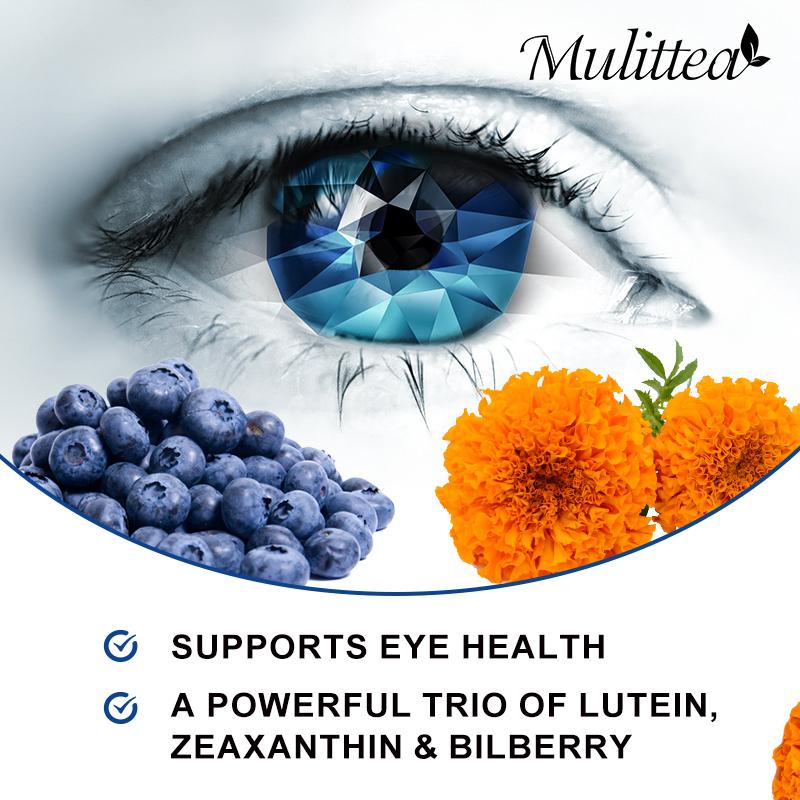 Mulittea Eye Vitamins with Lutein, Zeaxanthin, Bilberry Supports Eye Strain, Vision Health & Dryness Provides Eye Health and Vision Support
