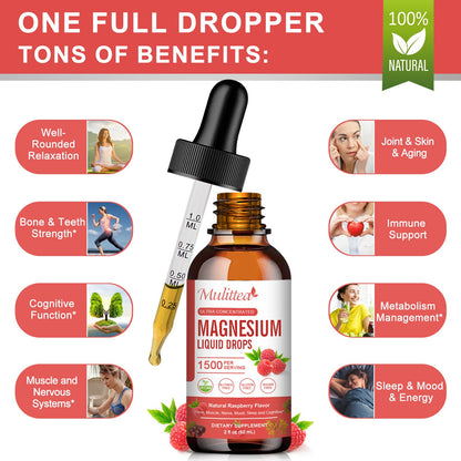 Magnesium Glycinate Liquid Drops – Triple Absorption Formula with Potassium, L-Theanine & Vitamins B, C, D3, K2 – Raspberry Flavor, Sugar-Free, Vegan