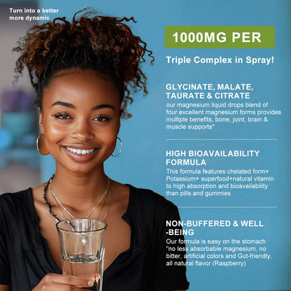 Mulittea Magnesium Glycinate Liquid Spray – Advanced Magnesium Complex with Citrate, Oxide, Malate, L-Theanine, D3K2 & B6 – Sugar-Free Raspberry Flavor, 30-Day Supply