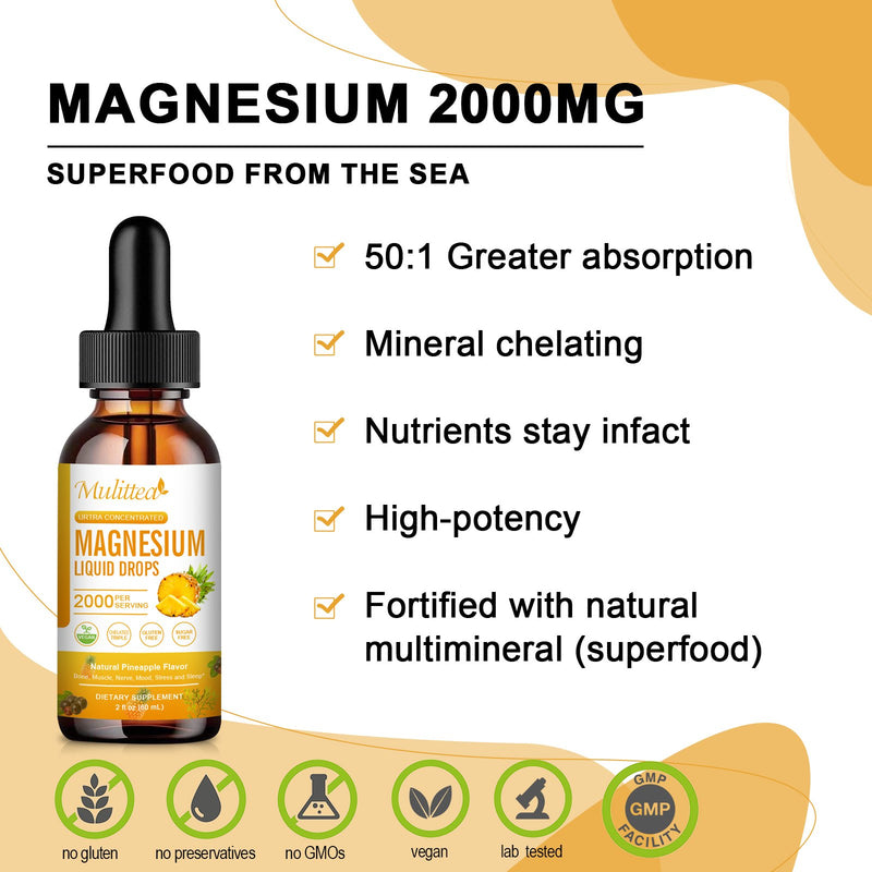 Mulittea Magnesium Liquid Drops Dietary Supplement Natural Pineapple Flavor