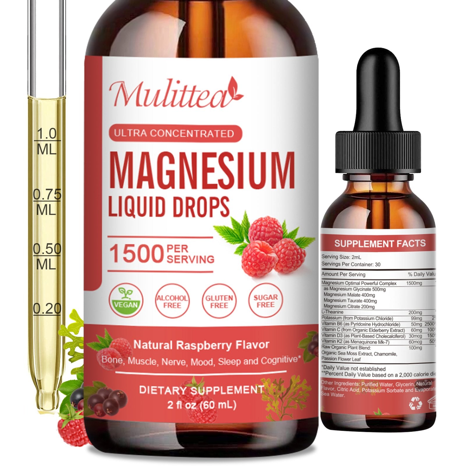 Magnesium Glycinate & L-Theanine Drops, Raspberry Flavor | 2 fl oz (60ml)