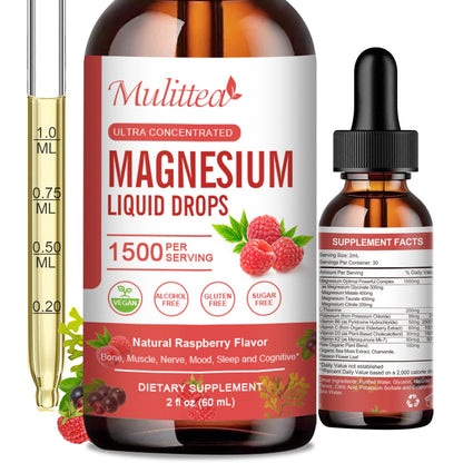 Magnesium Glycinate Liquid Drops – Triple Absorption Formula with Potassium, L-Theanine & Vitamins B, C, D3, K2 – Raspberry Flavor, Sugar-Free, Vegan