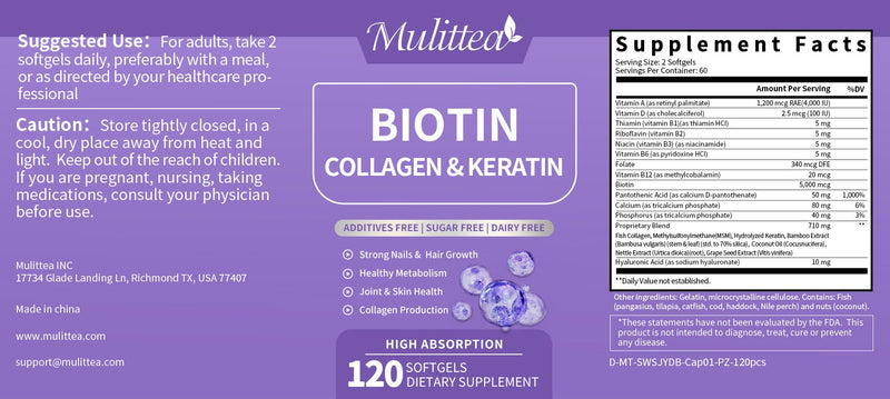 Mulittea Collagen Biotin Keratin Capsules with Vitamin C, E and Biotin -Hair, Skin, Nails, Joint Support for Women &amp; Men&