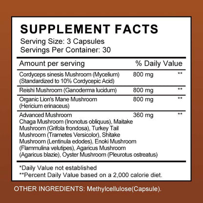 Mulittea 10 Mushroom Complex Supplement – Lions Mane, Reishi, Cordyceps for Focus, Memory, Immune Support & Natural Energy – Nootropic Brain Supplement – 2760mg