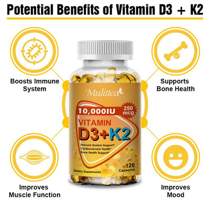 Vitamin D3 + K2 MK-7 Softgels – High Potency 10000 IU | Supports Calcium Absorption, Bone Strength, Joint Flexibility & Immune Health
