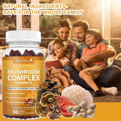 Mulittea Mushroom Gummies | 10 Mushroom Complex | 2500mg per Serving | Organic Extracts for Energy, Focus & Immune Support