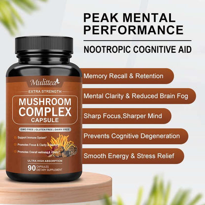 Mulittea 10 Mushroom Complex Supplement – Lions Mane, Reishi, Cordyceps for Focus, Memory, Immune Support & Natural Energy – Nootropic Brain Supplement – 2760mg
