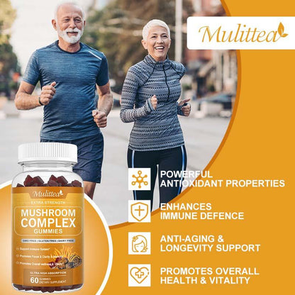 Mulittea Mushroom Gummies | 10 Mushroom Complex | 2500mg per Serving | Organic Extracts for Energy, Focus & Immune Support