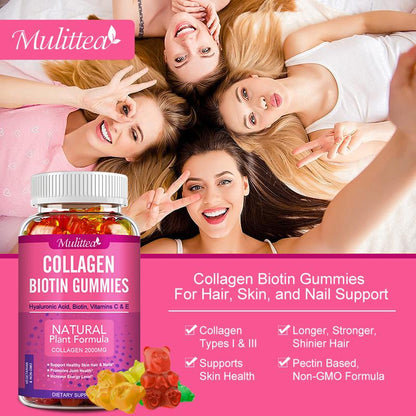 Mulittea Collagen Gummies with Biotin – Vegan Hair, Skin & Nail Vitamins with Vitamin C & E – Anti-Aging Support, 60 Gummies