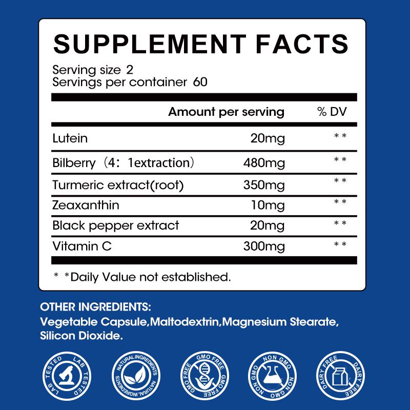 Mulittea Eye Vitamins with Lutein, Zeaxanthin, Bilberry Supports Eye Strain, Vision Health & Dryness Provides Eye Health and Vision Support