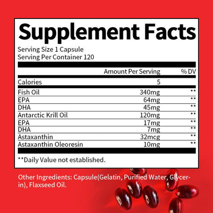 Mulittea Fish Oil + Krill Oil with EPA, DHA & Astaxanthin Supports Joint, Skin, Brain & Eye Health