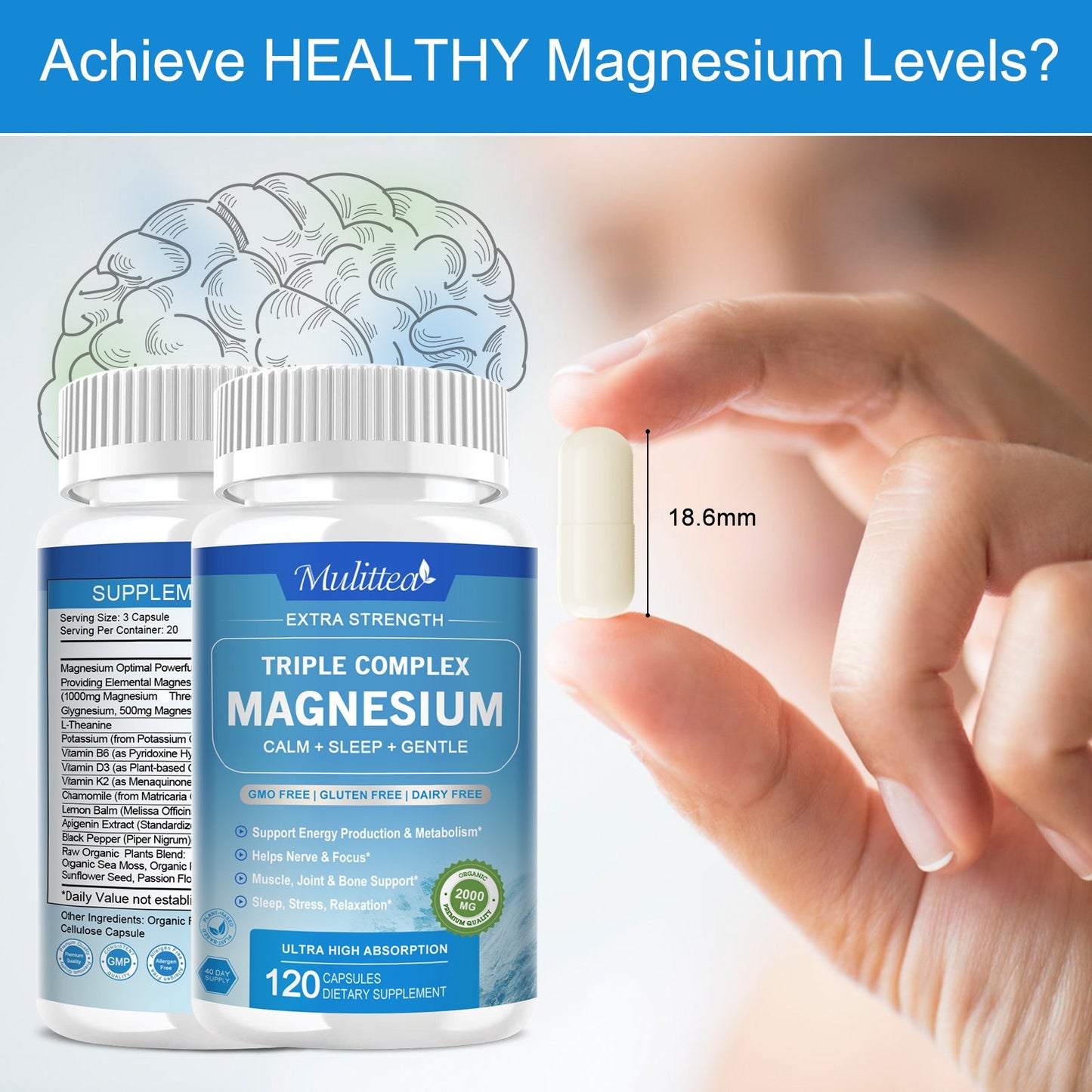 Triple Magnesium Complex Capsules, High Absorption Forms of Magnesium Glycinate,Taurate & More Plus L-Theanine & Apigenin Herbs Extract for Heart, Muscle, Immune, Energy & Digestion