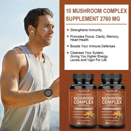 Mulittea 10 Mushroom Complex Supplement – Lions Mane, Reishi, Cordyceps for Focus, Memory, Immune Support & Natural Energy – Nootropic Brain Supplement – 2760mg