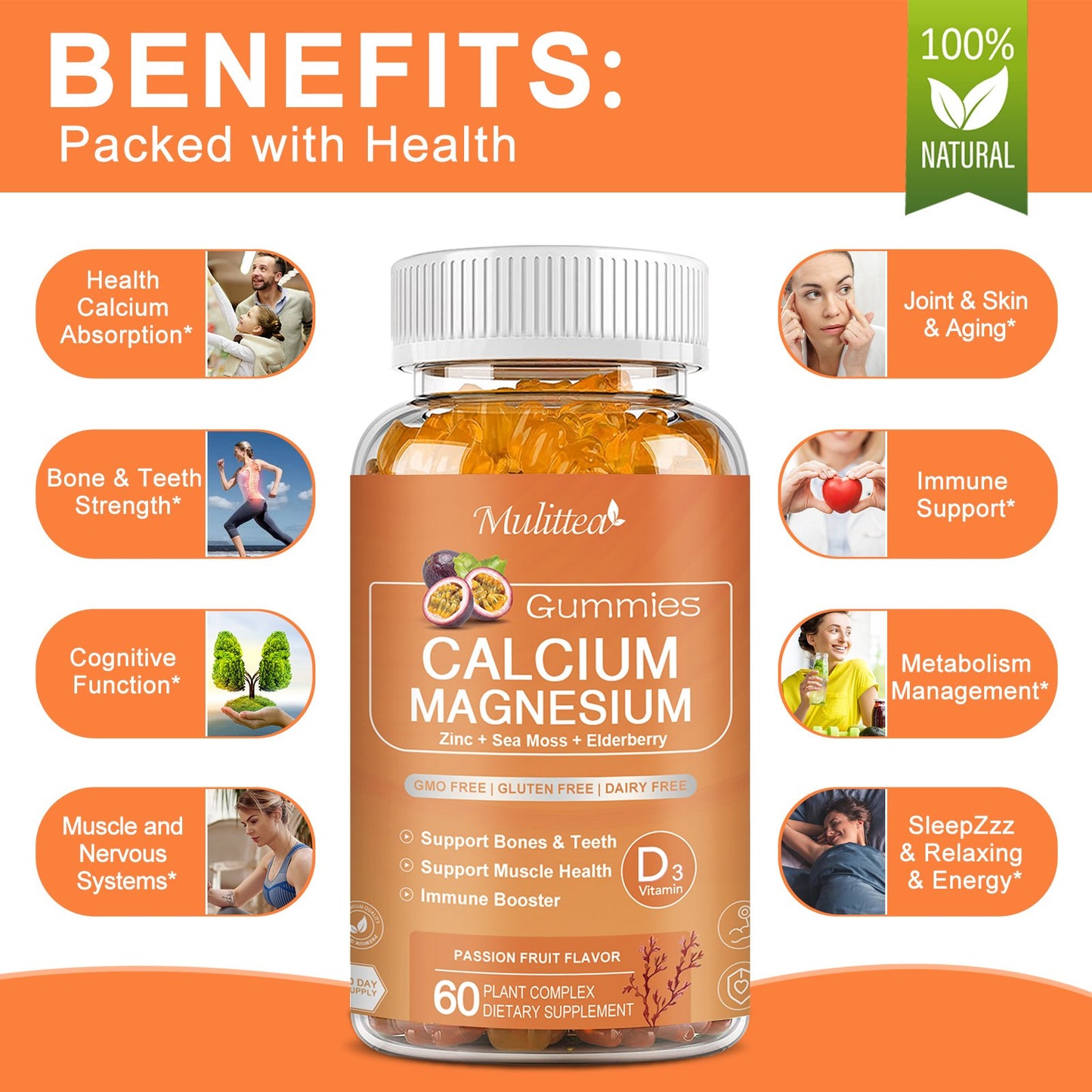 1200mg Calcium Gummies with D3,K2,Zinc - Plant Complex Calcium Magnesium Supplement with Glycinate,Potassium,Vitamin C &whole Natural Food for Bone & Immune Support